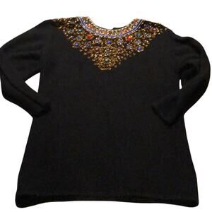1990's Vintage IB Diffusion Black Silk Angora BEADED Holiday Sweater Size Medium